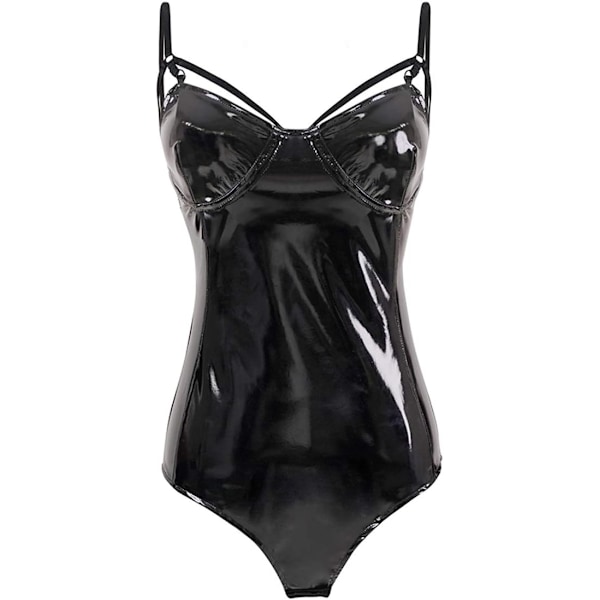 2025 Senaste Modell Dam En Del Halter Jumpsuit Våt Look Läder Leotard Bodysuit Svart-tuzi Medium