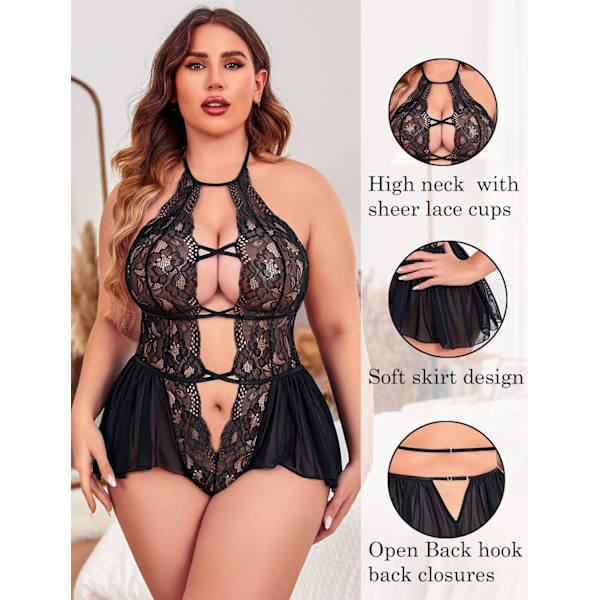 2025 Senaste Modell Dam Plus Size Underkläder Spets Body Teddy Djup V En Del Spets Babydoll Svart 4X-Large