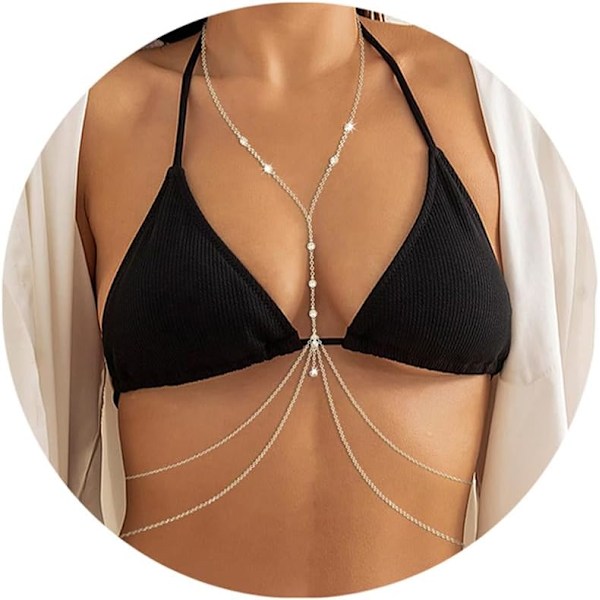 2025 Ny stil 14K Guld Sexiga Kroppskedjor för Kvinnor, Lager Rhinestone Crossover Bikini BH Kroppsmycken, Sommar Strand Kristall Mage Wa