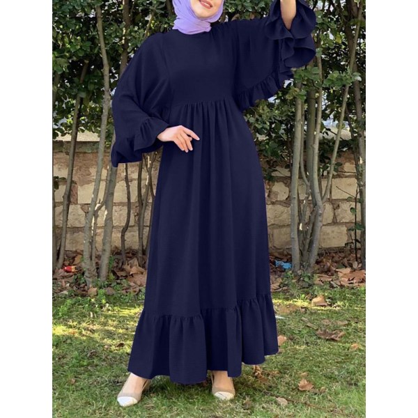 Muslimsk klänning, casual volangärmar, rund hals navy blue 2XL