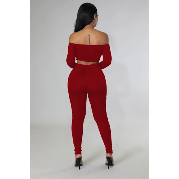 2025 Senaste Modell Dam Sexig Snörning Jumpsuit - Off Shoulder Långärmad Crop Top Utskuren Lång Byxa 2-Dels Set Clubwear