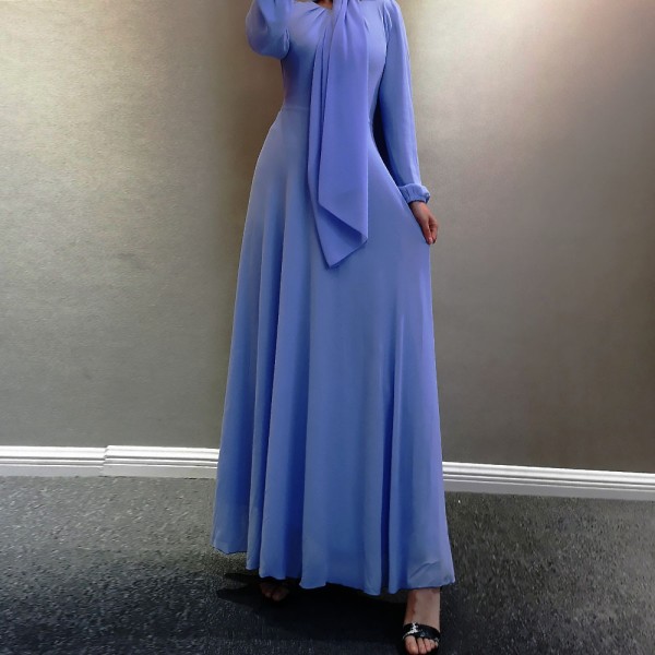 Muslimska kvinnors sommar chiffong långärmad klänning i ren färg violet L