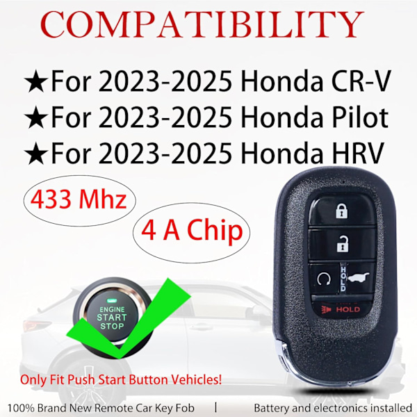 Smart Nyckel Fob Fjärrkontroll Ersättning Passar för 2023 2024 2025 Honda CR-V Pilot HRV KR5TP-4 Proxy Nyckellös Ingång Fjärrkontroll Tryck Start