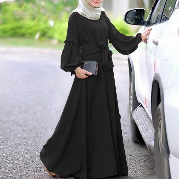 Muslimsk långärmad klänning, Lotusbladkant, ren färg black 2XL