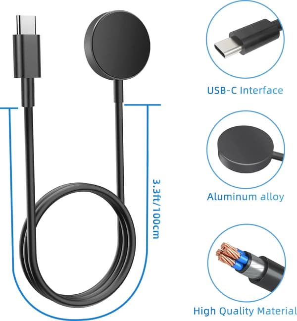 USB-C oplader til Samsung Galaxy Watch 3/4/5/6/7, Active 1/2 Sort