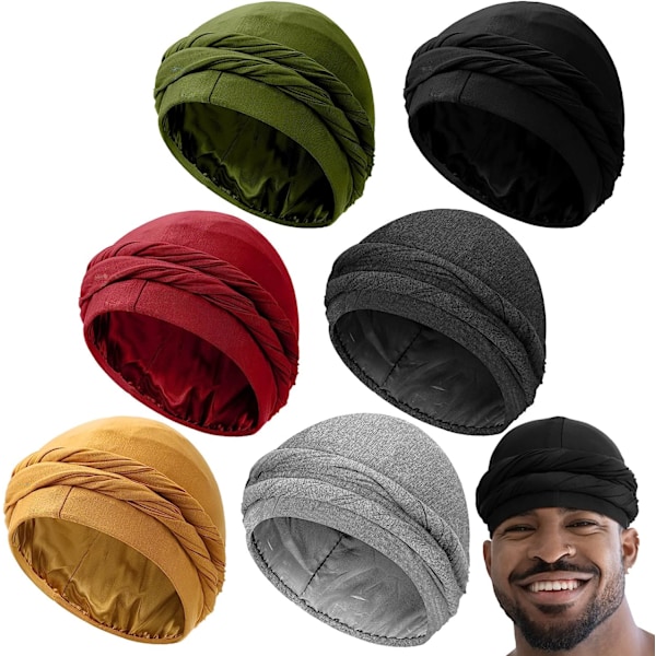 6 stycken turbaner för män Halo Turban Durag Satin Silk Fodrad 6PCS 5