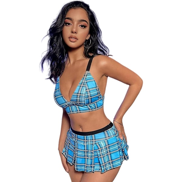 2025 Senaste Modell Sexig Skolflicka Kostym för Kvinnor Rutig Kjol & Crop Top Rollek Underklädesset, Studentuniform Tvådelad Blå M