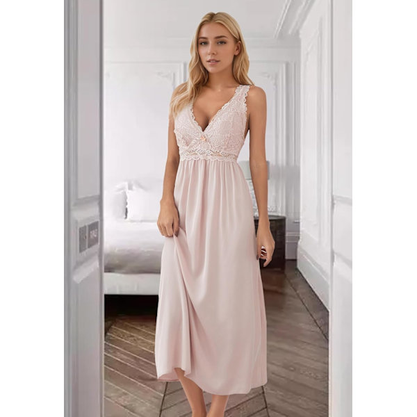 2025 Senaste Modell Dam Sexiga Underkläder Skir Mesh Babydoll Nattkläder Pyjamas Spets V-ringad Ärmlös Chemise Nattlinnen 3805 Rosa Cak