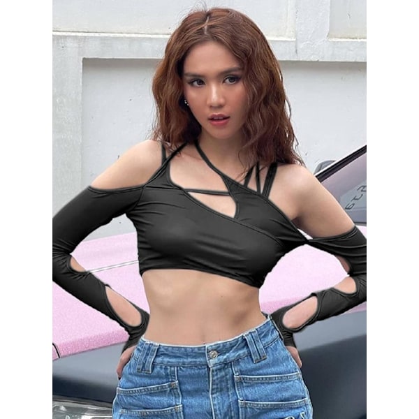 2025 Senaste Modell Dam Hollow Out Oregelbunden Elastisk Off The Shoulder Sexig Slim Fit Halter Crop T-shirts Topp Långärmad T-shirt