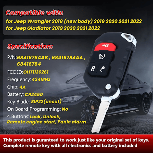 3+1 Knappar Vikbar Smart Fjärrnyckel Ersättning Passar Jeep Wrangler 2018-2022 Gladiator 2019-2022, FCC ID: OHT1130261, P/N: 6
