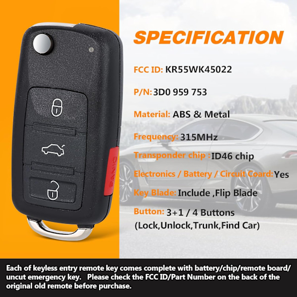Fällbar Nyckel Fjärrkontroll Ersättning Nyckellös Startsystem för Volkswagen Touareg 2004 2005 2006 2007 2008 2009 2010 KR55WK45022 3D0 95