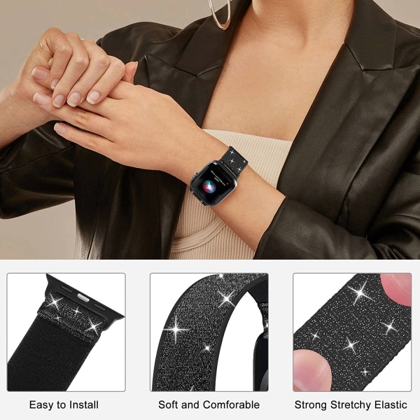 Stretchiga nylon solo loop-band kompatibla med Apple Watch Shining Glitter Black 38/40/41mm S