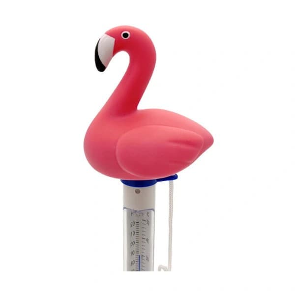 Et flydende pooltermometer (pink).