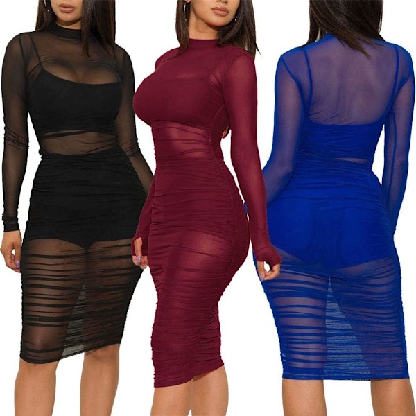 2025 Senaste Modell Dam Långärmad Bodycon Klänning - Sexig Genomskinlig Mesh Cover Up Rynkad Klänning Klubbkläder