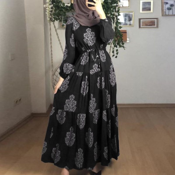 Snygg muslimsk mönstrad långklänning i nationell stil för fritid black L