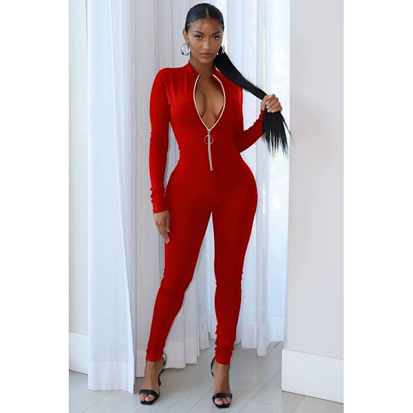 2025 Senaste Modell Dam Sexig Bodycon Enfärgad Långärmad Hög Midja Jumpsuit med Dragkedja