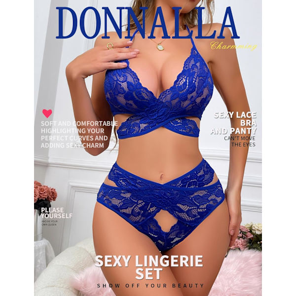 2025 Senaste Modell Dam Sexigt Underklädesset Tvådelat Spets-BH och Trosset Bralette Sovkläder Kungsblå Small