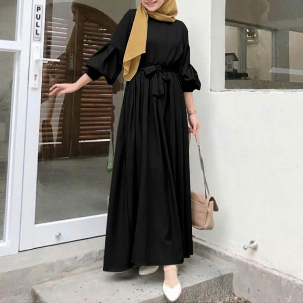 Muslimsk elegant klänning: print , rund hals, långa ärmar black 2XL