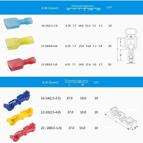 60 st T-Tap Wire Connectors - Quick Wire Splice Kranar och isolerade hane Quick Disconnect terminaler