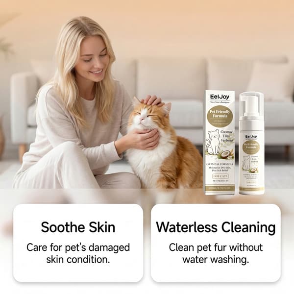 No-rinse shampoo til katte: Renser lugte, efterlader pelsen glat og frisk.
