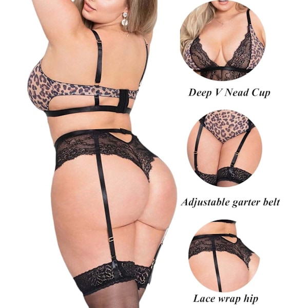 2025 Senaste Modell Stora Storlekar Underkläder för Kvinnor Sexiga Underkläder Leopard Mesh Hel Teddy Svart Body med Strumpeband