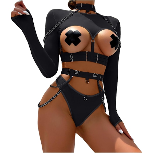 2025 Senaste Modell Dam Sexig Underklädesset Utskuret Lapptäcke Slampig Kostym Mesh Genomskinlig Crop Tops Rem Erotisk Bondage Under Bla