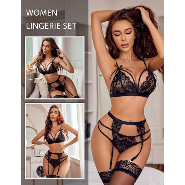 2025 Senaste Modell Damunderklädesset Spets Teddy Strap Babydoll Body med Strumpeband A-svart Medium