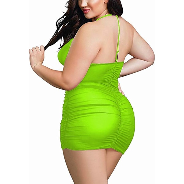 2025 Senaste Modell Plus Size Transparent Stretch Mesh Babydoll Klänning Dragkedja Rynk Halter Chemise Kurvig Sexig Underkläder för Kvinnor