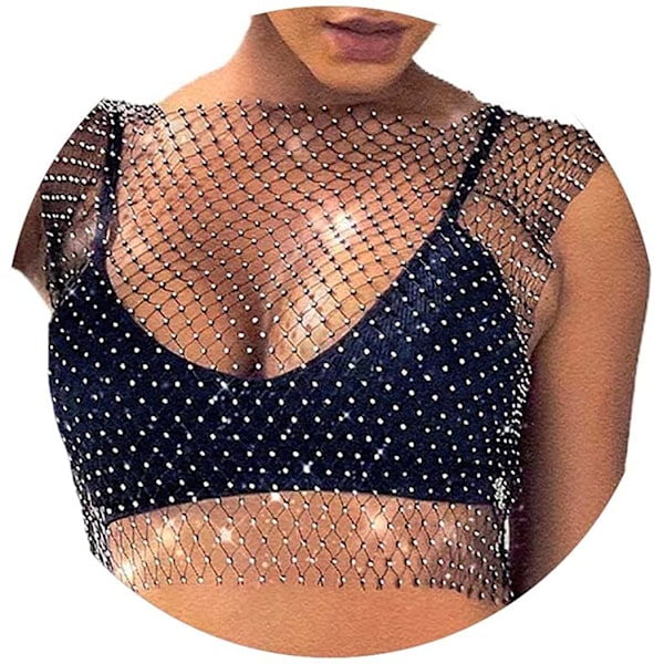 2025 Senaste Modell Dam Strass Crop Tops Fisknät Mesh Genomskinlig Cover up Sexig Nattklubb Bikini