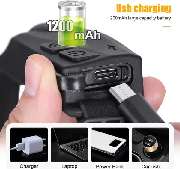 1 LED hodelykt med sensor, USB-lading, IPX4 vanntett, svart.