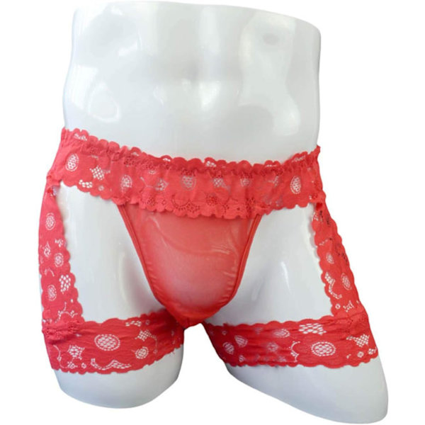 2025 Senaste Modell Herrunderkläder Trosor Spetskant Utbuktningspåse G-String Trosor Underkläder med Strumpeband Röd One Size