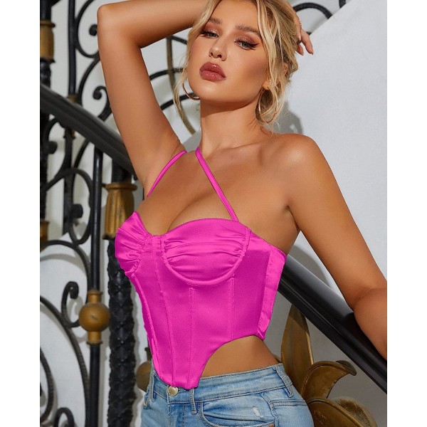 Satin Korsett Topp Rygglös Bustier Dragkedja Bak Sexy One Hot Pink M