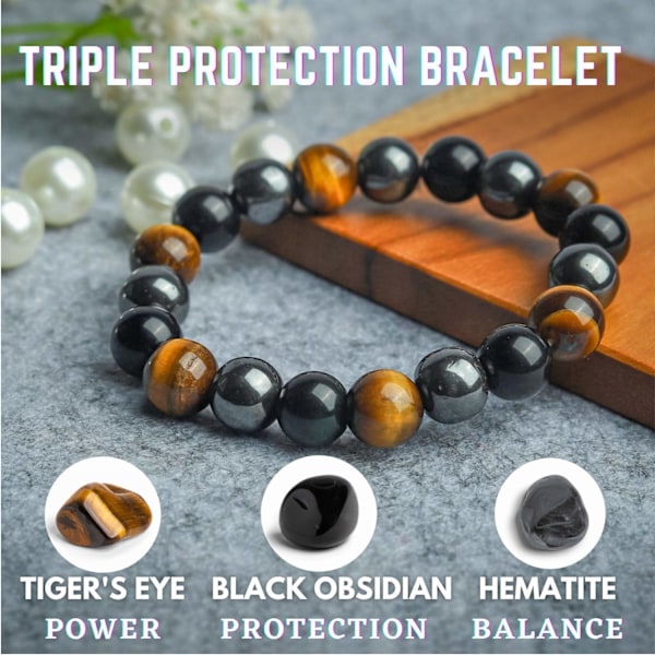 Triple Protection Armband - 10mm Pärlarmband för kvinnor och män med naturliga stenar