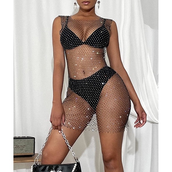 2025 Senaste Modell Genomskinlig Glitterklänning Skir Svart Meshkjol Sexig Bikini Baddräkt Strand Rhinestone Cover Up för Kvinnor (D-Svart)