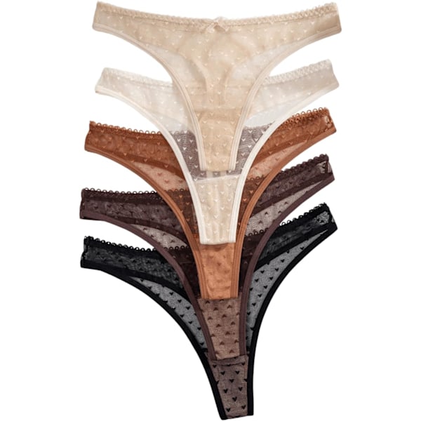 2025 Senaste Modell Dam Genomskinliga Mesh Trosor med Rosett Hjärtmönster Låg Midja Mjuka Underklädesset 5-pack Flerfärgade Medi