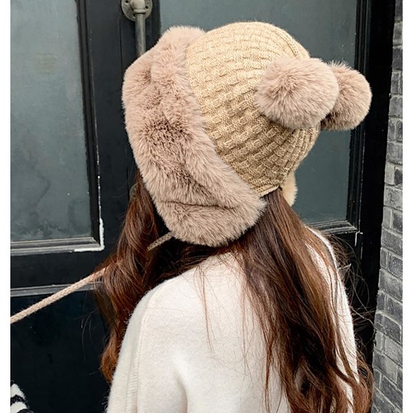 Vinter PomPom Mössor för Kvinnor Fluffig Stickad Dam Mössa Fuskpäls Virkad Skull Cap Varm Bucket