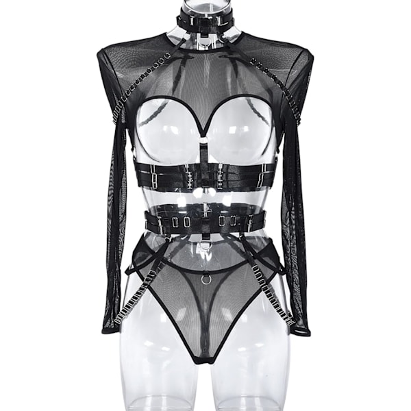 2025 Senaste Modell Dam Sexig Underklädesset Utskuret Lapptäcke Slampig Kostym Mesh Genomskinlig Crop Tops Rem Erotisk Bondage Under Bla