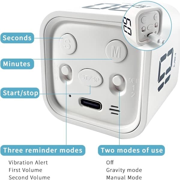 Timer - Vækkeur - Pomodoro Terning - Fokus Timer Terning - Digital Nedtællingstimer til Arbejde & Studie - USB-C Genopladelig - Tyngdekraftssensor - Tidsstyring