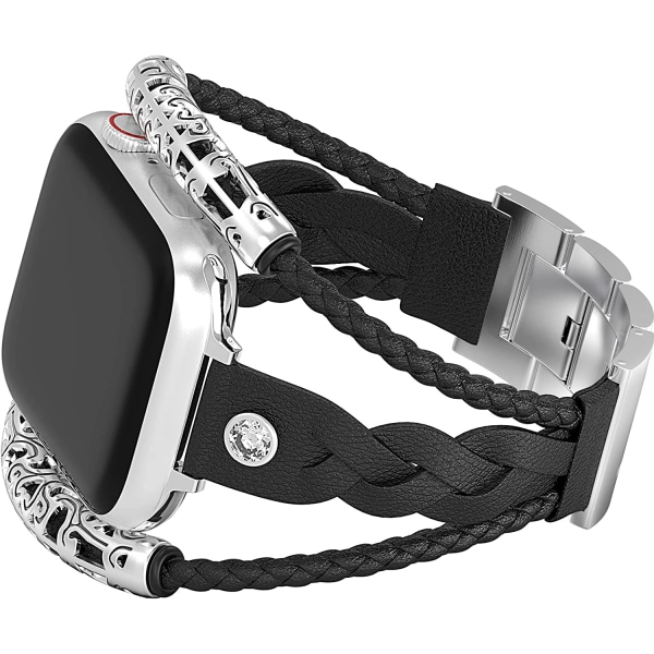 Armband som väver läderband som är kompatibla med Apple Watch Black 49mm/45mm/44mm/42mm
