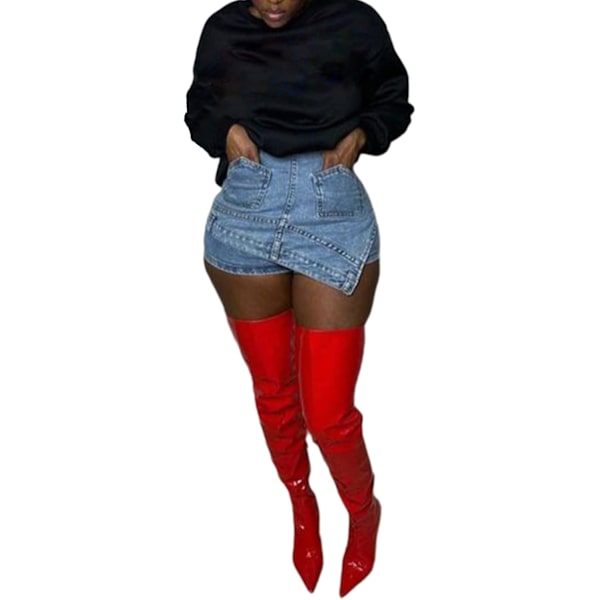 2025 Senaste Modell Dam Denimshorts Cargo Y2k Hög Midja Asymmetriska Fickor Jeanskjol Stretchiga Skorts Streetwear Sommar Blå