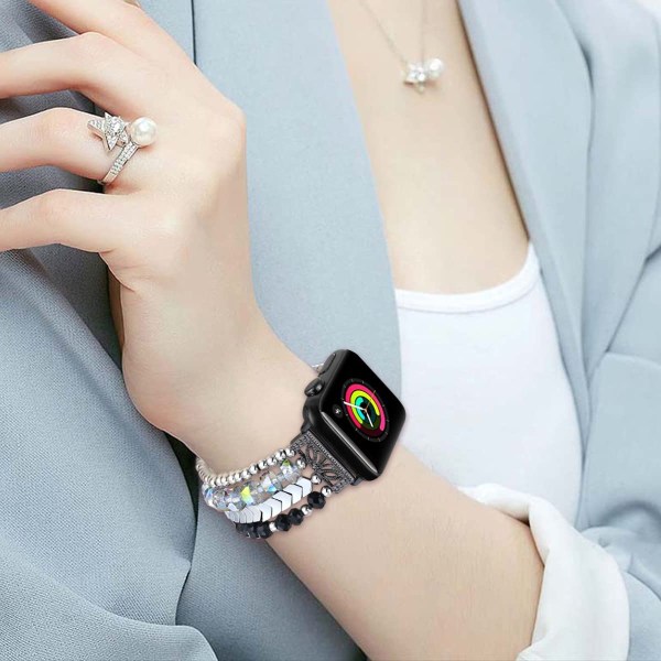 Armband med pärlor, kompatibel med Apple Watch 45 mm 44 mm Z-Black/Silver Crystal 42mm/44mm/45mm/49mm-S/M