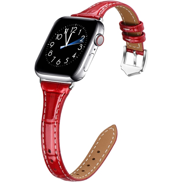 Läderband kompatibelt med Apple Watch Band 38mm 40mm Cro-Red/Silver 42mm 44mm 45mm 49mm