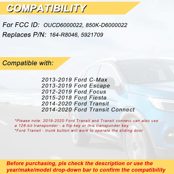 Nyckelbricka Ersättning för 2012-2019 Ford Focus/ 13-19 Escape C-Max/ 15-18 Fiesta/ 14-20 Transit Bil Nyckellös Fjärrkontroll, OU