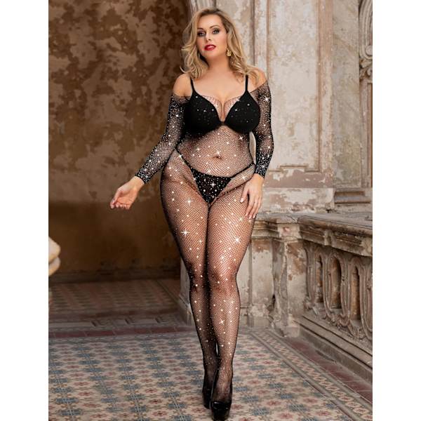 2025 Senaste Modell Dam Strass Fisknätsstrumpa Mesh Glittrig Långärmad Hel Jumpsuit Plus Size Sexiga Underkläder Mjuk Svart