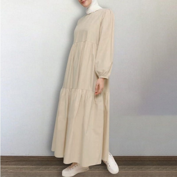 Muslim enkel lång klänning, enfärgad, rund hals, lång ärm apricot XL