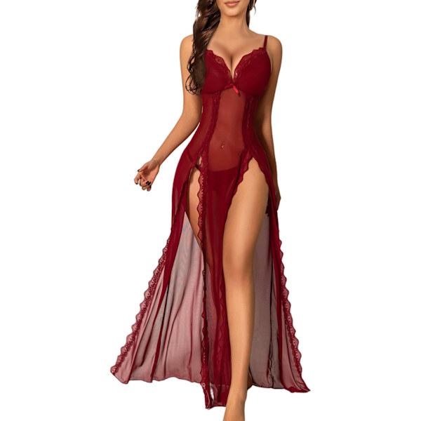 2025 Senaste Modell Damunderkläder Spets Babydoll Chemise Nattlinne Sexig Mesh Nattklänning Sidoslits Nattlinne Mörkröd Stor