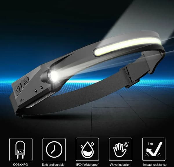 1 LED hodelykt med sensor, USB-lading, IPX4 vanntett, svart.