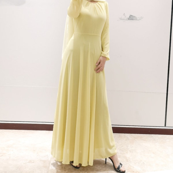 Muslimska kvinnors sommar chiffong långärmad klänning i ren färg lemon-yellow L