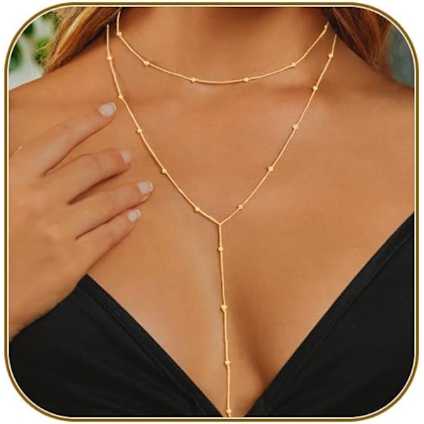 2025 Ny stil Lariat Guldhalsband för Kvinnor, Elegant Långt Halsband 14k Guldpläterat/Silver Y-Formad Lager-på-lager Pärlkedja Dropphalsband