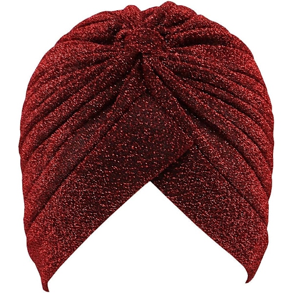 Plierade Glitter Turban för Kvinnor Elastisk Hatt Mössa Wine